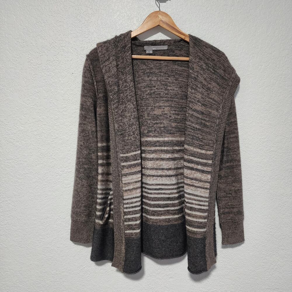 360 Cashmere Striped Hooded Open Front Gray Cardigan Sweater Small Luxury